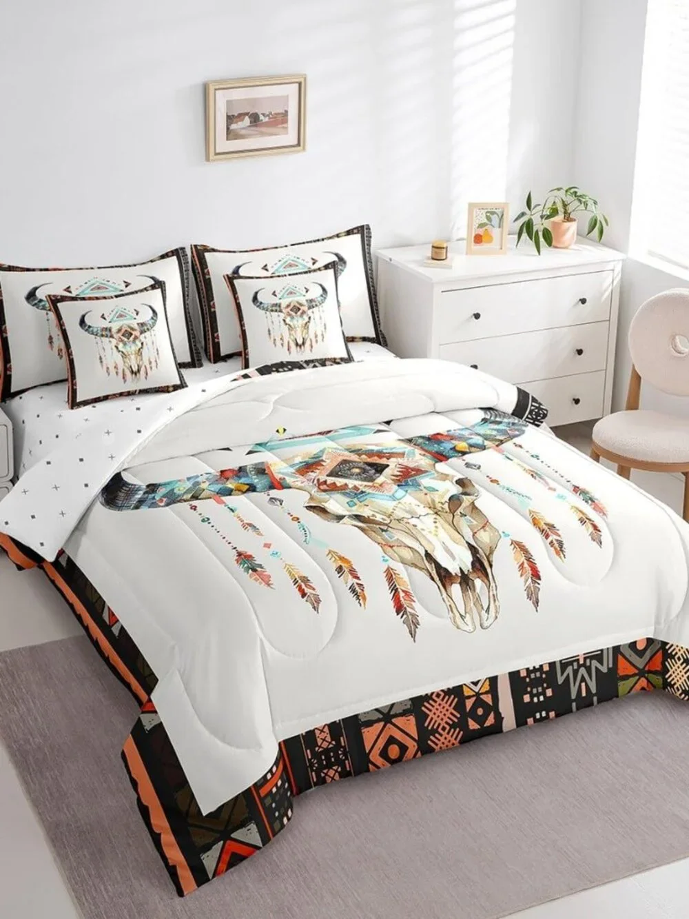 Boho Cow Skull Kids Comforter Set 7 Piece Queen Size,Watercolor Tribal Geometric